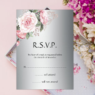 Pink Rose Bouquet and Silver Elegance Wedding RSVP Invitation