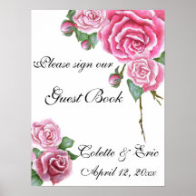 Pink Rose Bouquet Floral Guest Book Wedding Sign