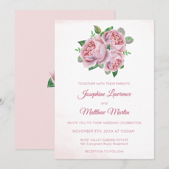 Pink Rose Bouquet Floral Wedding Invitations (Front/Back)