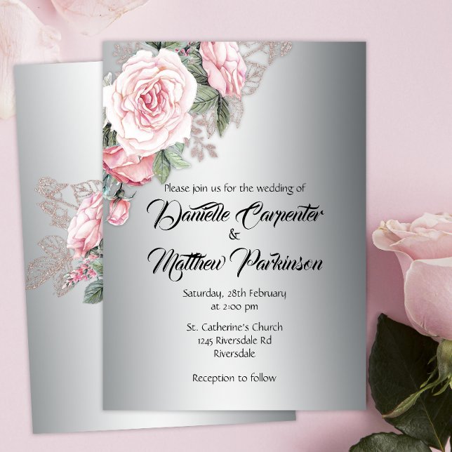 Pink Rose Bouquet on Silver Wedding Invitation (Creator Uploaded)