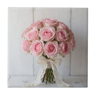 Pink Rose Bouquet Pearl Lace Romantic Ceramic Tile