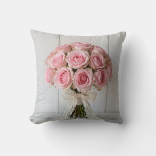 Pink Rose Bouquet Pearl Lace Romantic Cushion
