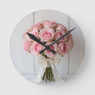 Pink Rose Bouquet Pearl Lace Romantic Round Clock