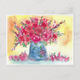 Pink Rose Bouquet Watercolor Painting Postcard