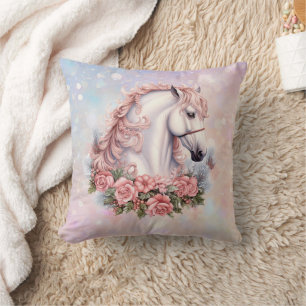 Pink Rose Bouquet White Horse Fantasy Kids Cushion