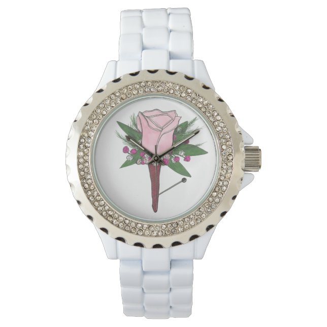 Pink Rose Boutonniere Floral Prom Wedding Watch (Front)