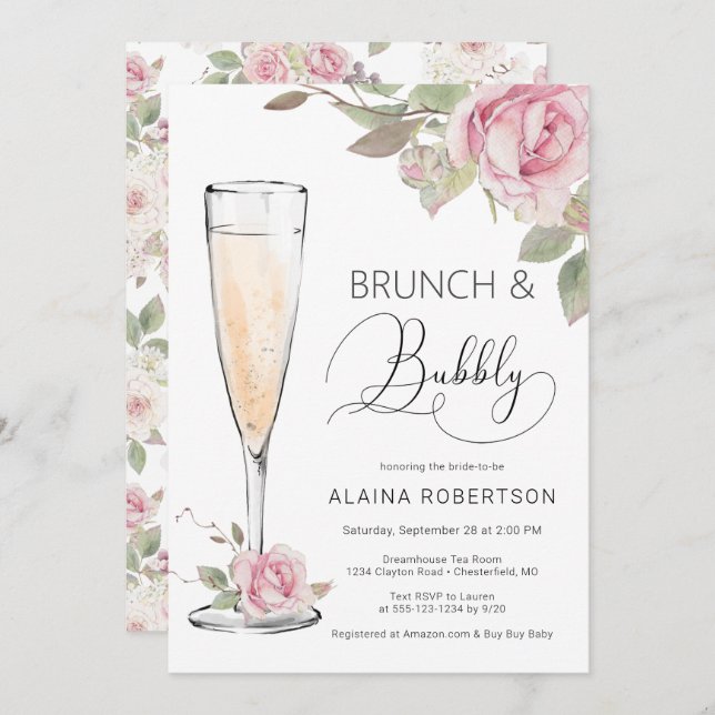 Pink Rose Bridal Brunch and Bubbly Mimosa Invitation (Front/Back)