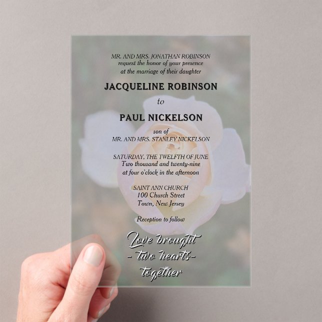 Pink Rose Bride and Groom Photo Acrylic Invitations (Insitu (Handheld))