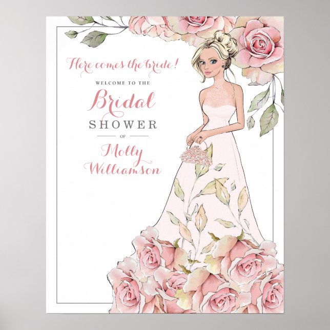 Pink Rose Bride Bridal Shower Welcome  Poster (Front)