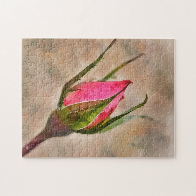 Pink Rose Bud Garden Watercolor Style Art Jigsaw Puzzle (Horizontal)