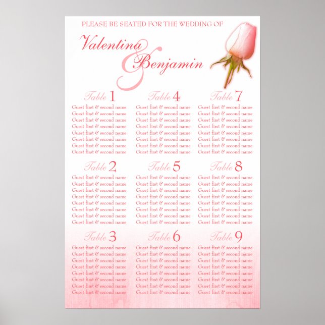 Pink Rose Bud Wedding Seating Table Planner 1-9 Poster (Front)