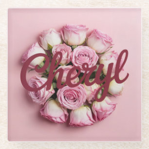 Pink Rose Buds Cheryl Burgundy Pink Glass Coaster