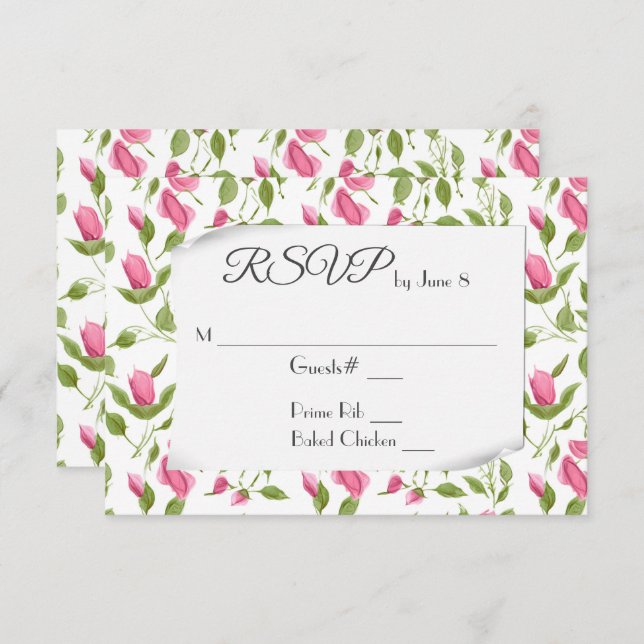 Pink Rose Buds On White Wedding RSVP (Front/Back)