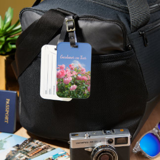 Pink rose bush under blue sky, custom gardener luggage tag
