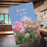 Pink rose bush under blue sky, custom  tea towel<br><div class="desc">This kitchen towel features a pink rose bush under a blue sky - a wonderful motif  for every rose or flower lover! Pretty gift idea for gardeners. Custom text.</div>