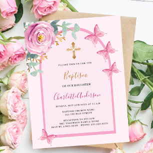 Pink rose butterflies arch girl baptism invitation