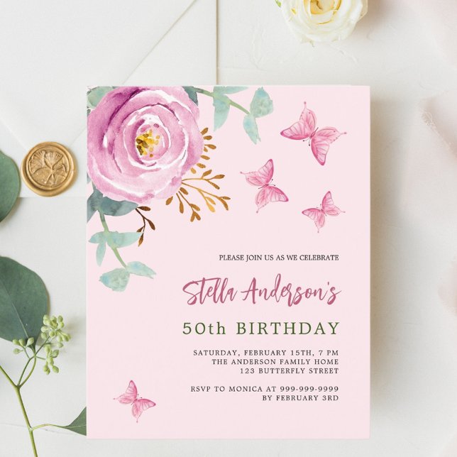 Pink rose butterfly budget birthday invitation (Creator Uploaded)