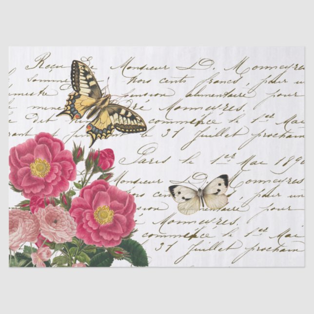 Pink Rose Butterfly French Script Vintage Tissue Paper (Front)