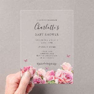 Pink Rose Butterfly Girl Baby Shower  Acrylic Invitations