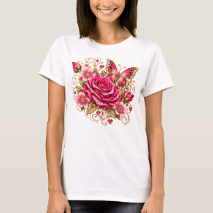 Pink Rose Butterfly Glam Floral T-Shirt