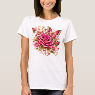Pink Rose Butterfly Glam Floral T-Shirt