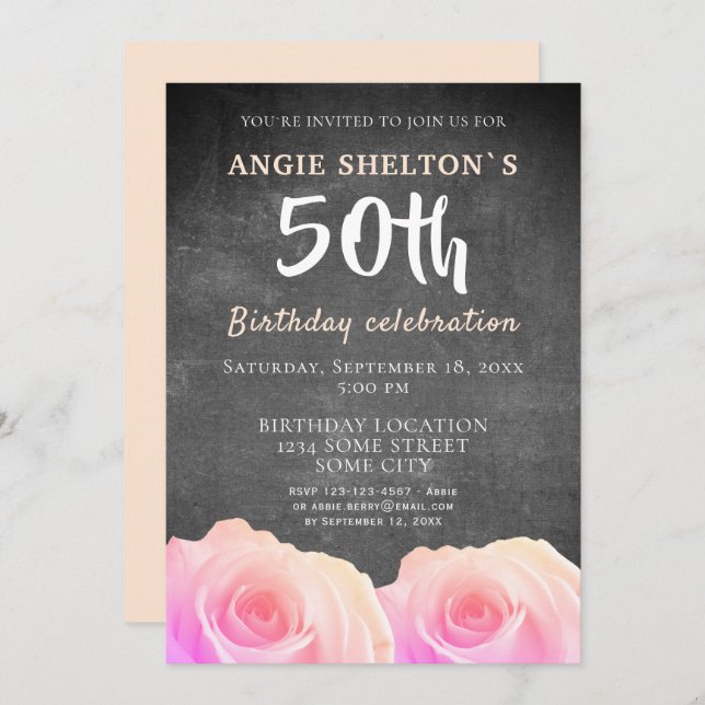 Pink Rose Chalkboard Floral 50th Birthday Party  Invitation (Front/Back)