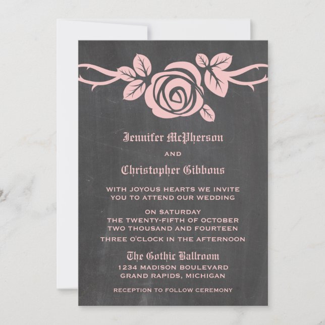 Pink Rose Chalkboard Wedding Invite (Front)