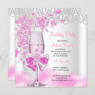 Pink Rose Champagne White Birthday Party Invitation