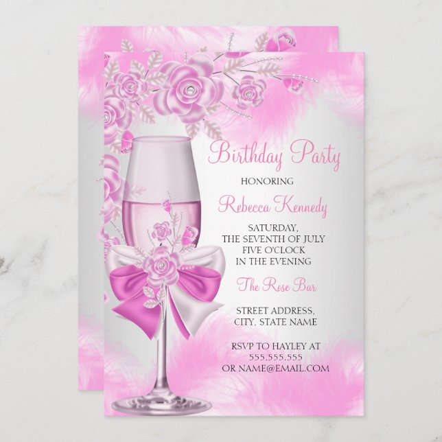 Pink Rose Champagne White Floral Party Invitation (Front/Back)