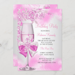 Pink Rose Champagne White Floral Party Invitation