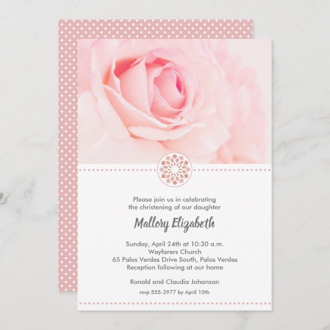 Pink Rose Christening, Baptism Invitations (Front/Back)