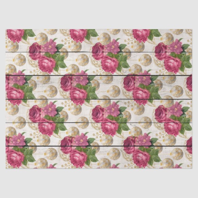 Pink Rose Christmas Ornaments on Wood Decoupage Tissue Paper (Front)