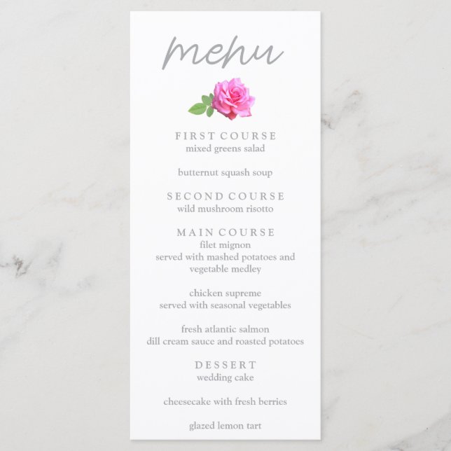 Pink Rose Classic Minimalist Wedding Menu (Front)