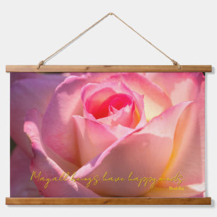 Pink Rose Close-up with Buddha Quote overlaid Hanging Tapestry