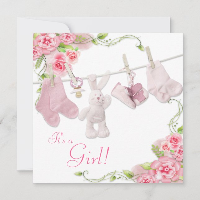Pink Rose Clothesline Baby Girl Shower Invitations (Front)