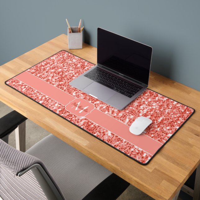 Pink rose coral shiny glitter sparkles Monogram Desk Mat (Office 2)