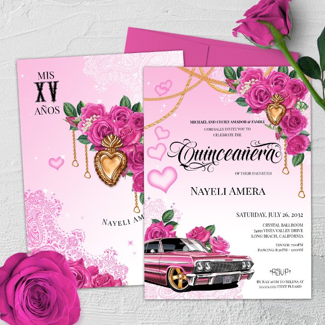 Pink Rose Corazon de Milagros Lowrider Quinceanera Invitation (Creator Uploaded)