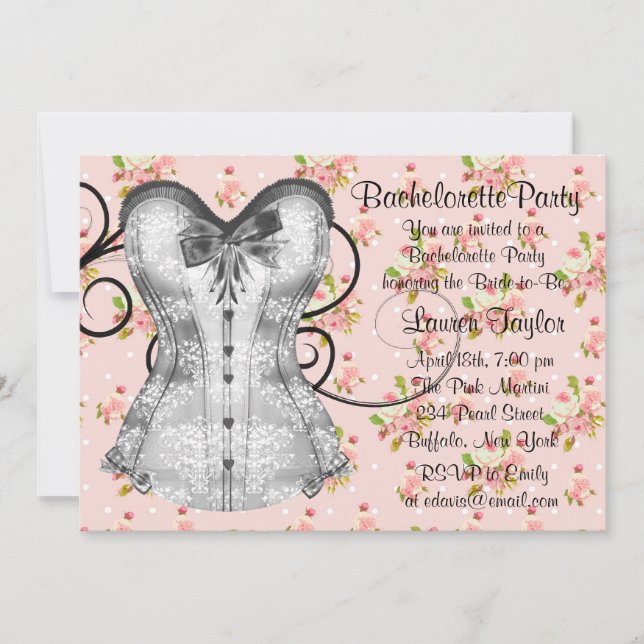 Pink Rose Corset Pink Black Bachelorette Party Invitation (Front)