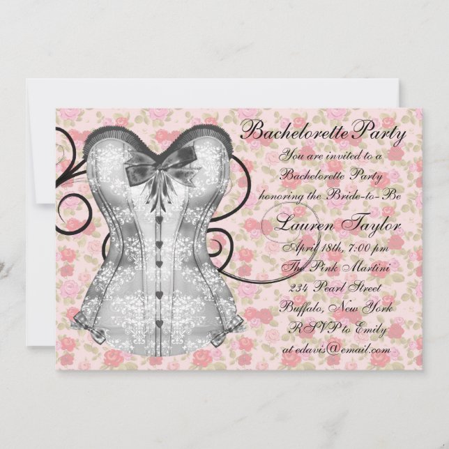 Pink Rose Corset Pink Black Bachelorette Party Invitation (Front)