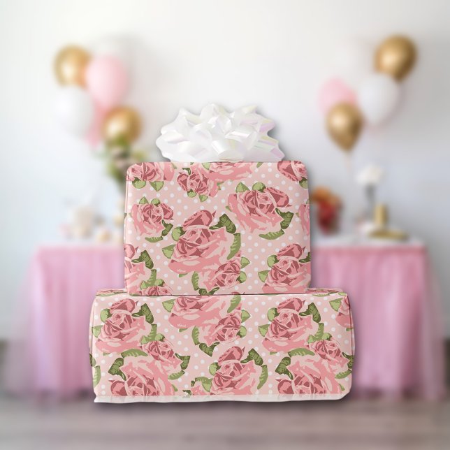 Pink Rose Country Chic Dot Pattern Wrapping Paper (Creator Uploaded)
