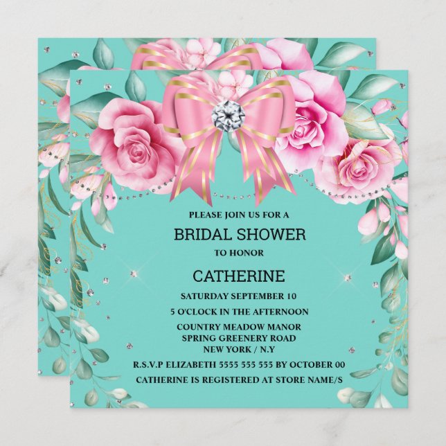 Pink rose country chic glitter bow teal glam invitation (Front/Back)