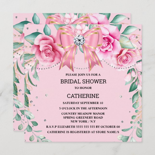 Pink rose country chic satin bow glitter glam invitation (Front/Back)