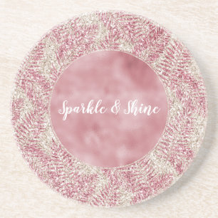 Pink Rose Cream Glitter Glitz Tropical Leaves  Coaster