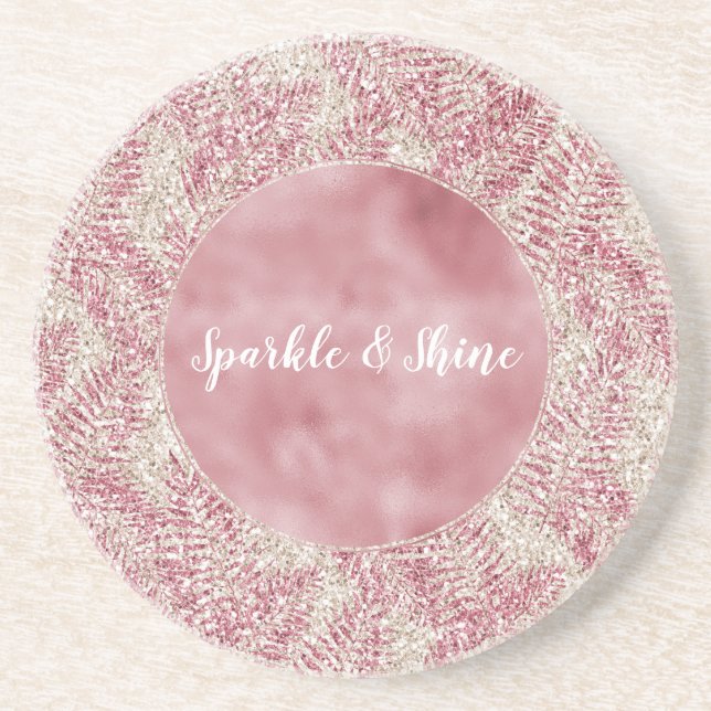 Pink Rose Cream Glitter Glitz Tropical Leaves  Coaster (Front)