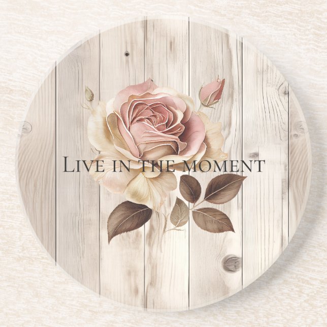 Pink Rose Cream White Faux Wood  Coaster (Front)