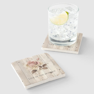 Pink Rose Cream White Faux Wood Stone Coaster