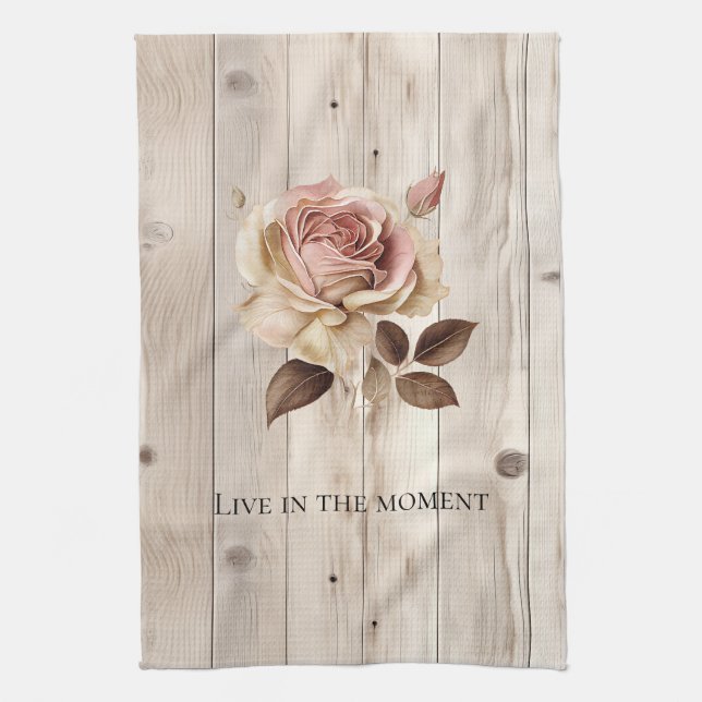 Pink Rose Cream White Faux Wood  Tea Towel (Vertical)