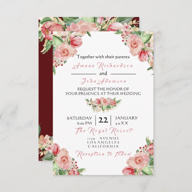 Pink Rose Creamy Marsala Floral Roses Wedding Invitation (Front/Back)