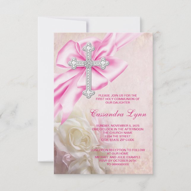 Pink Rose Cross First Communion Invitation (Front)