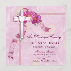 Pink Rose Cross In Loving Memory Memorial Invitation